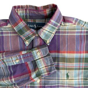 Ralph Lauren Mens Classic Plaid Long Sleeve Down Shirt M Cotton Purple Logo Pony